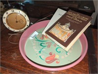 Vintage round tray, antique small clock, books