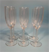 6 Clear Glass Champagne Flutes w/ Spiral Stems