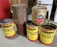 Metal buckets, empty, oil cans, advertising