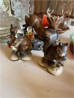 ceramic deer, racoon, squirrel,