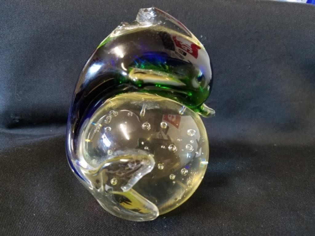 Blown Glass Dolphin on Orb, Blue/Green, 4.5" x 3"