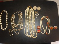 4 Faux pearl necklaces & 5 pr clip earrings