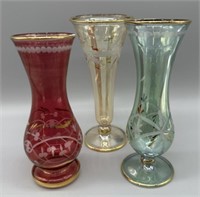 (3) Egyptian Crystal Handcrafted Vases