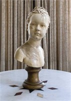 Plaster Bust of Young Girl, Signed Hudon