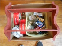 Box Lot of Misc. and Small Red Wall Shelf