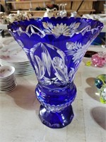 Cobalt Blue Cut to Clear Large Vase  (chipped)