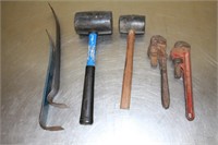 Nail pullers, rubber mallets, 10 & 8" pipe wrench