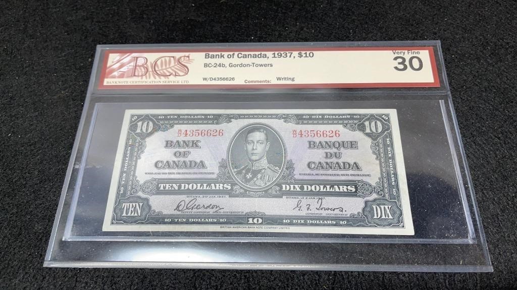 1937 Canadian 10 Dollar Bill BCS Graded Very Fine