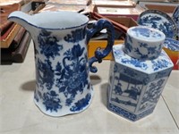 COBALT STYLE TRANSFER WARE PITCHER AND GINGER JAR