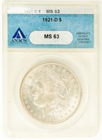 Coin 1921-D Morgan Silver Dollar ANACS-MS63