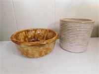 Brown spatter ware 5" bowl - newer beige striped