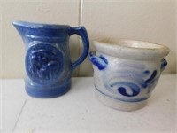 3" blue/gray pitcher with embossed ????? - 2.5"