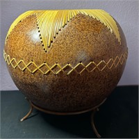 Pottery Vase with Woven Leather Stand Included