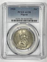 1920 Pilgrim Commem Silver Half PCGS AU58