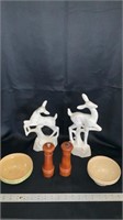 Decor, deer figures, bolws, salt, and pepper