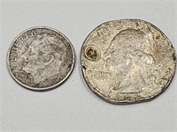 Damaged Silver Quarter & Dime Coins