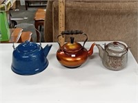 vtg teapots blue granite - copper aluminum -