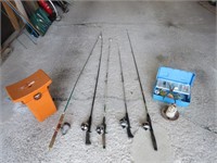Fishing Poles, Tackle Box, Siffing Minnow Bucket &