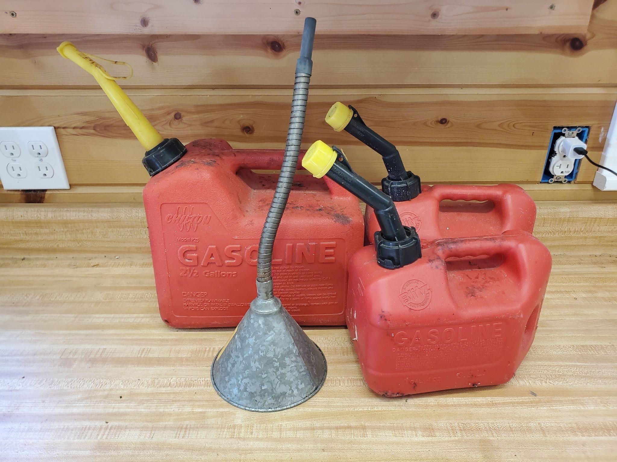 Gas cans and galvanized funnel