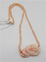 14KT YG NATURAL PINK CORAL FLOWER & BEAD NECKLACE