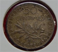 1916 France Silver 50 Centimes