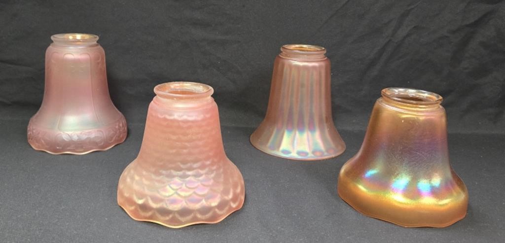 (4) Marigold Carnival Glass Lamp Shades - See Des