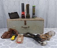 Wooden Tool box with assorted tools with level