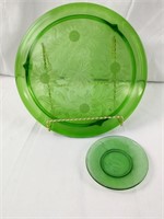 Green Depression Glass Footed Cake Plate & Saucer
