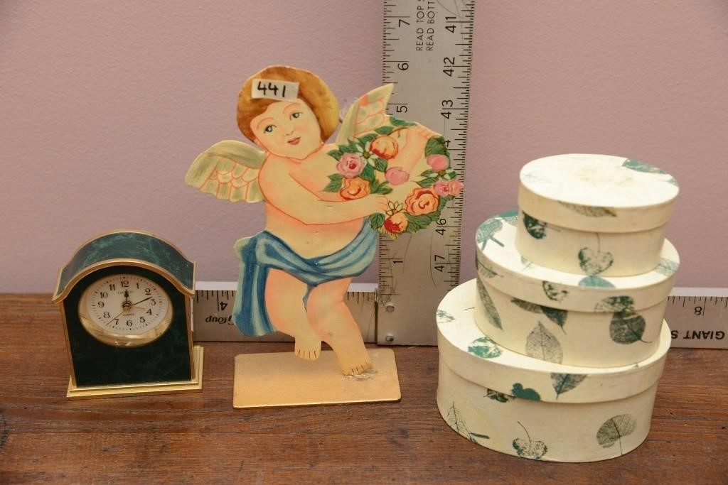 CLOCK, ANGEL, AND TRINKET BOXES