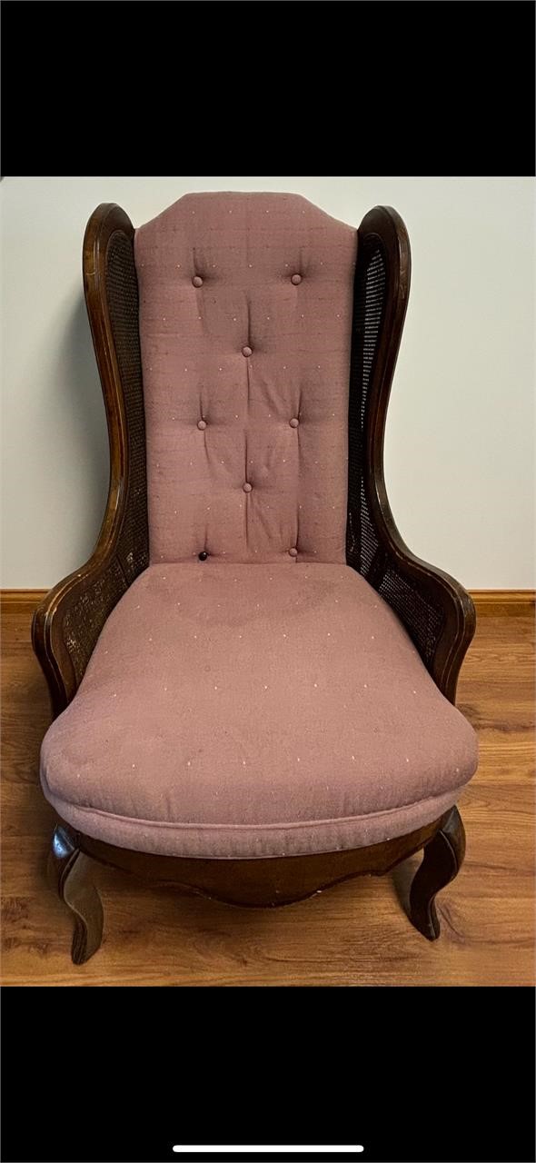 Upholstered Mauve Wooden Wing Back Chair