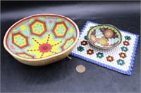 2 Huichol Mexican Beaded Gourd Bowls & Trivet