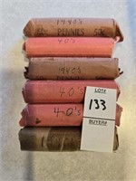 Six rolls of pennies marked 1940s