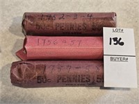 3 rolls of pennies marked 52-53-54,56-57,