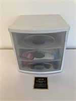 Small White Plastic Storage Bin & Contents