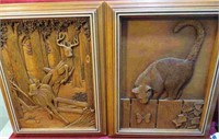 2 Resin Faux Wood Frame Deer & Cat Framed Art Set