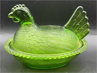 VTG Indiana Glass Green Hen On Nest Covered Dish