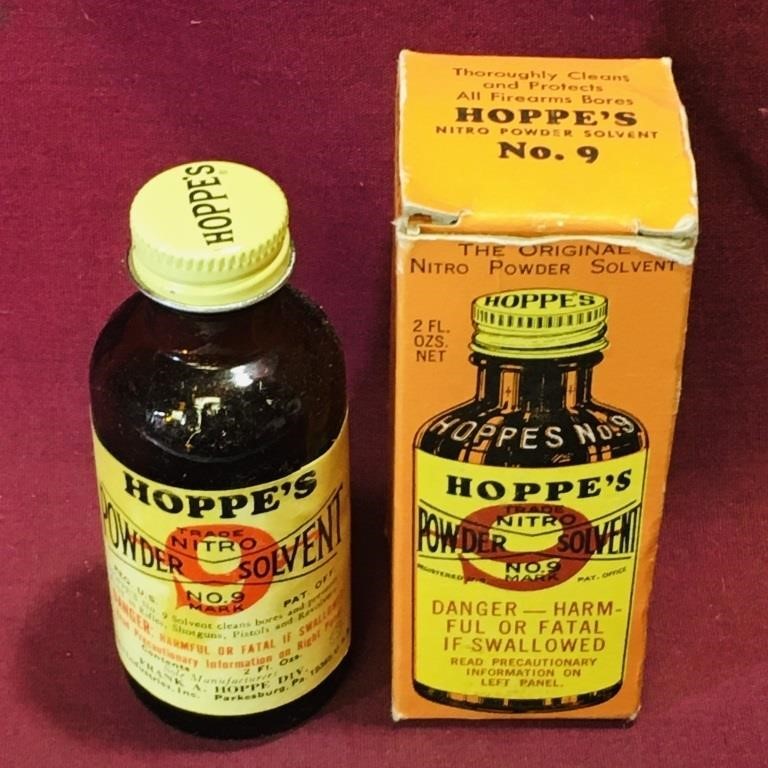 Bottle Of Hoppe's Powder Solvent & Box (Vintage)