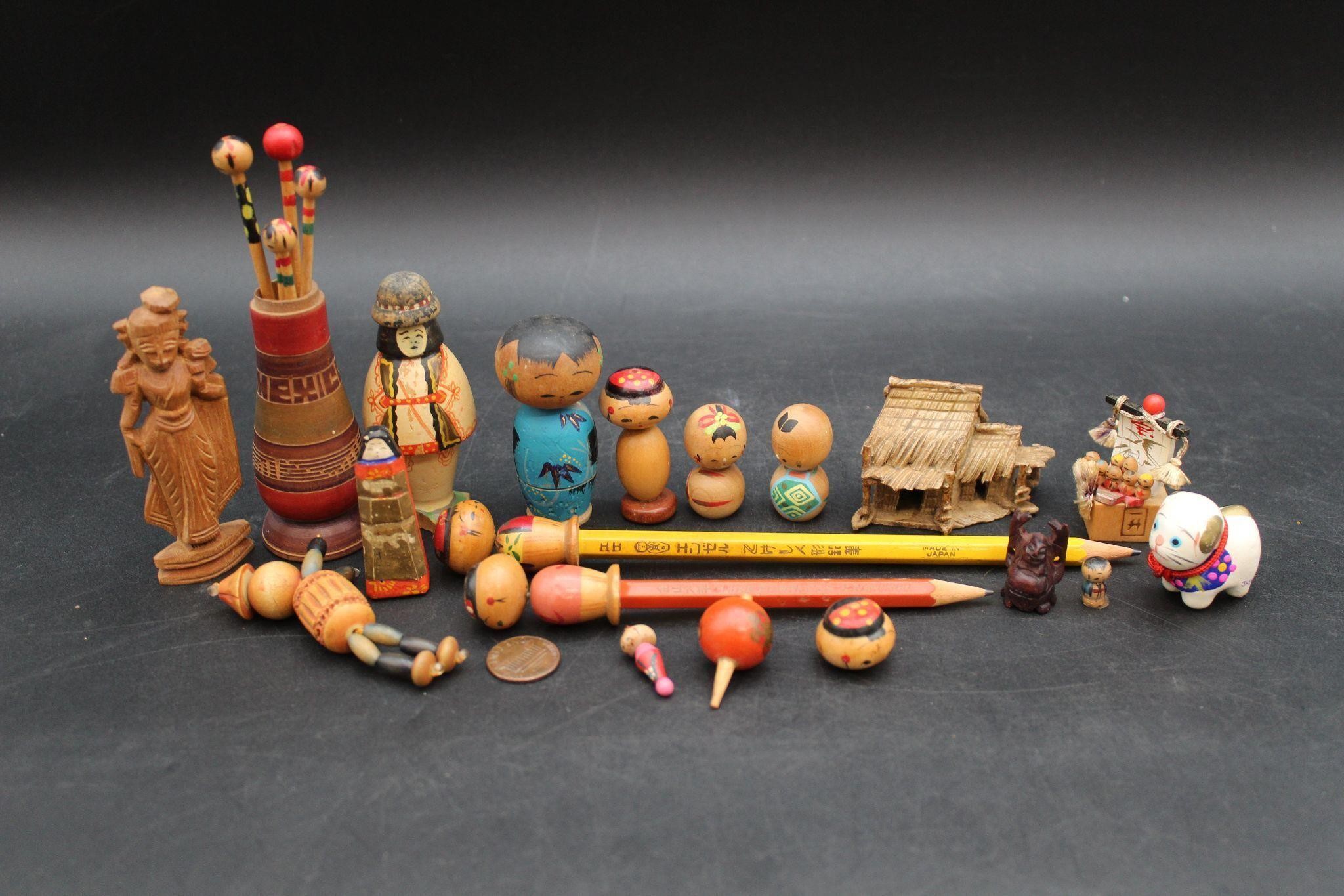 12+Pcs. Japanese Miniature Wood Bobble Dolls+