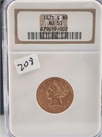 1871-S $5 Dollar Gold Liberty NGC AU53