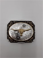 Belt Buckle silver & black w/gold long horn