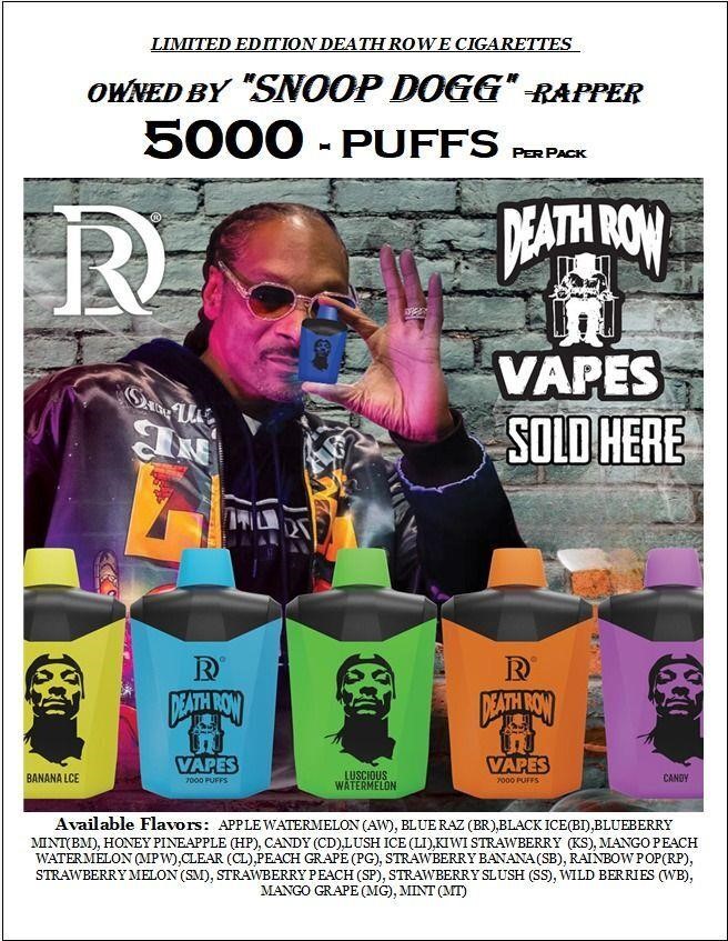 5pks Snoop Dogg Death Row Vapes 5000 PUFFS Exp: 07/26 NASHTN