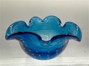 Vintage blue art glass ashtray