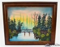 Framed Lake Landscape Oil Painting