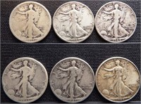 (6) 90% Silver Walking Half Dollars - Coins