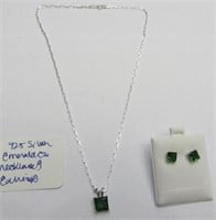 925 Silver Emerald CZ Necklace & Earrings