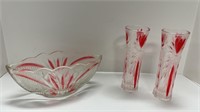 (2) glass vases, serving dish
