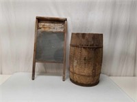 Wooden Nail Keg Barrel + Wooden & Tin Washboard