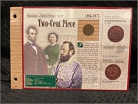 1865 two cent piece on United States mint card