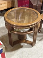 Modernist glass top wood end table, surface