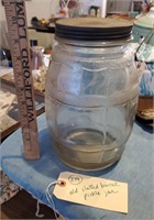 Huge antique 10" barrel pickle jar w tin lid